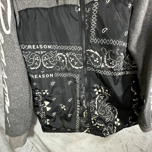 Reason Brand sweatshirt Men's Medium Black & Gray Hoodie  "Reason" Sleeve Print - Picture 9 of 12